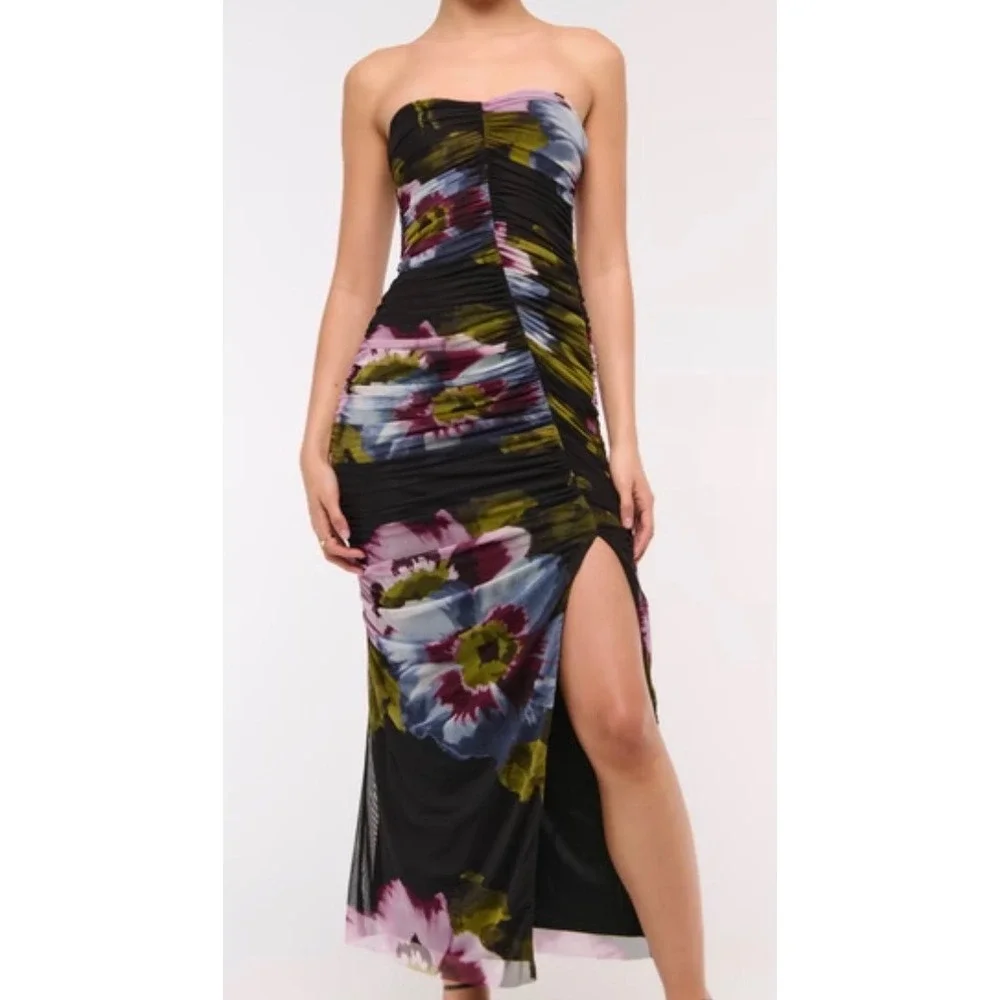 NEW Abercrombie & Fitch Ruched Mesh Floral Maxi Dress Slit Black Large Tall NWT
